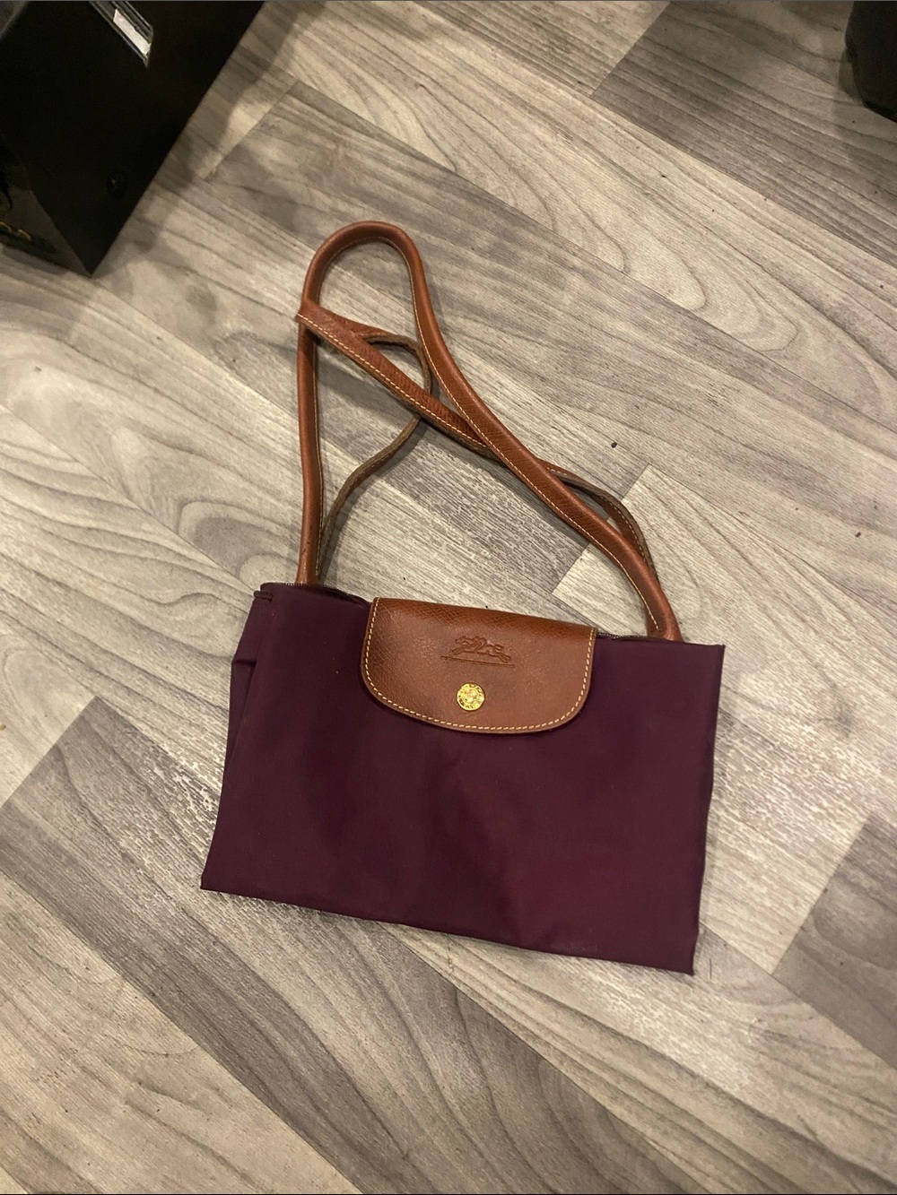 Longchamp Plum Nylon Shoulder Bag with Brown Leather Trim